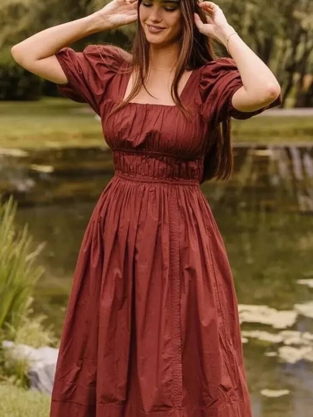 Ivy City Co Rust Brown Puff Sleeve Midi Dress